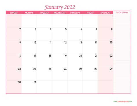 Printable Calendar 2022 With Notes